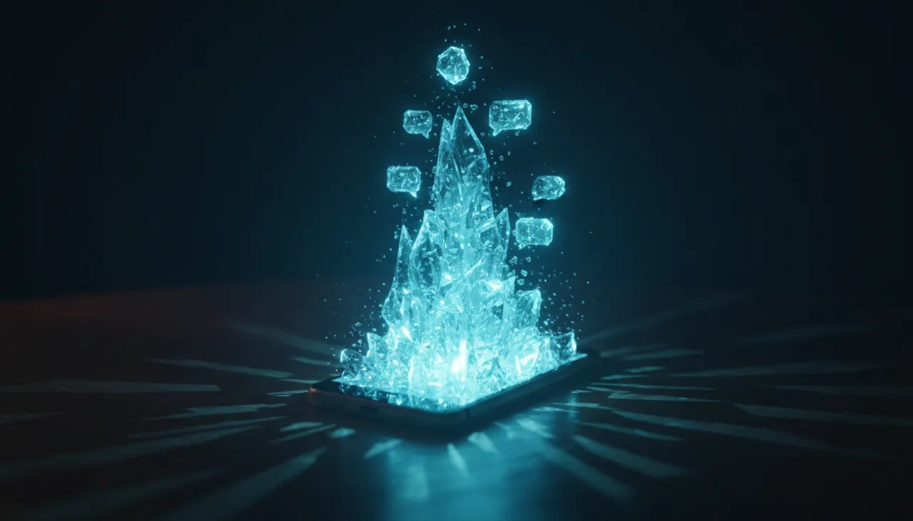 A ringing phone on a dark desk, its sound crystallizing into message bubbles of light