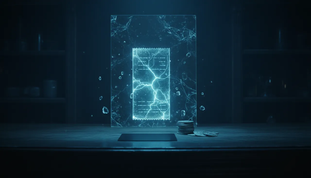 A glowing crystal receipt monolith standing on a dark counter — the invoice, made solid