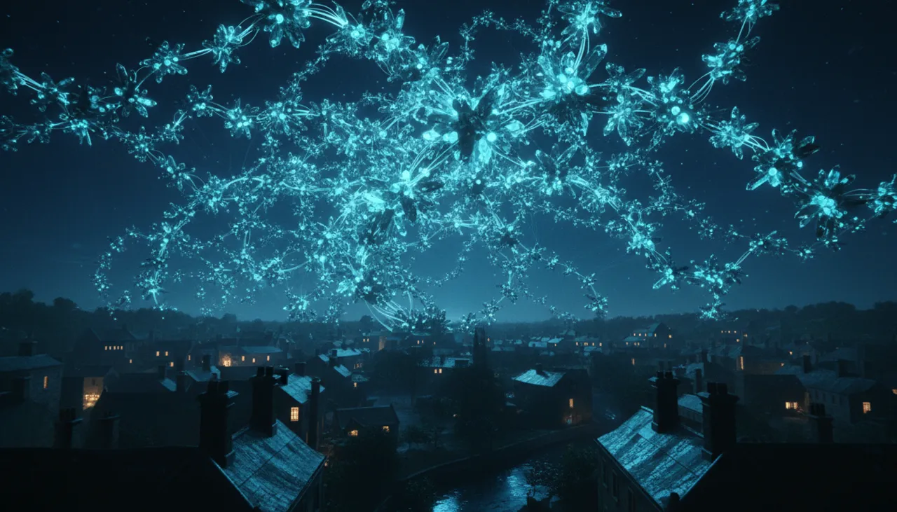 A crystalline network of light growing over a small town at night — the trade brain, compounding
